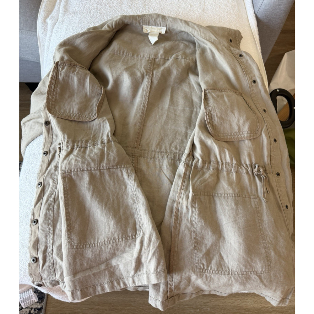 100% Linen Utility Jacket Hooded Safari Minimalist Pockets Beige Cinched Sz-M - Picture 7 of 8